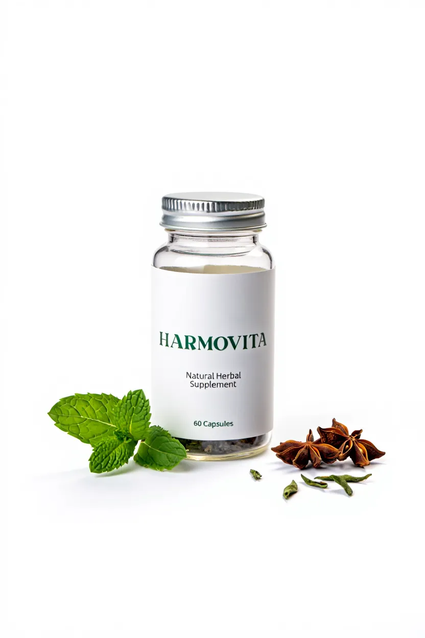 Harmovita natural supplement bottle with herbal ingredients displayed on a clean white background